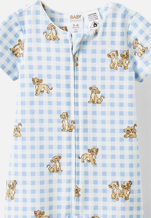 Cotton On - The short sleeve zip romper license - lcn dis dawn blue/simba & nala check