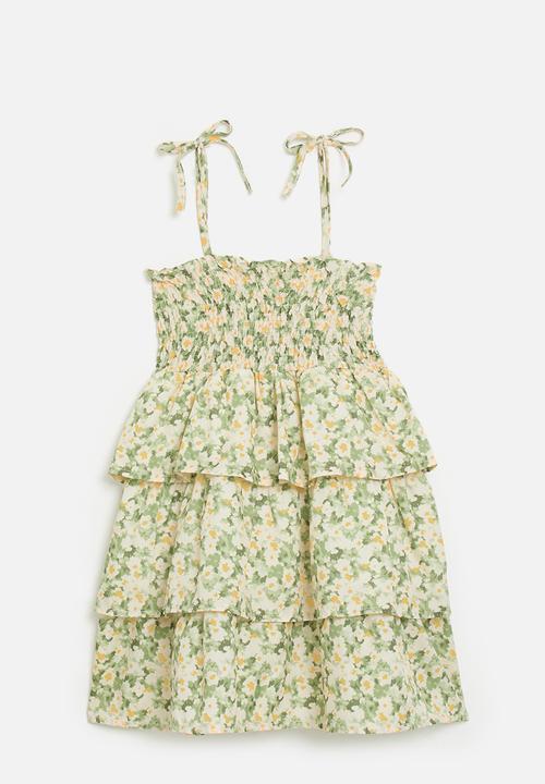 Pop Candy - Tiered skirt dress with shirred bodice - green floral