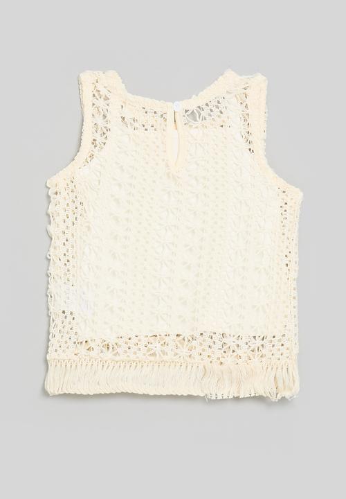 Pop Candy - Fringe hem crocheted top - ecru