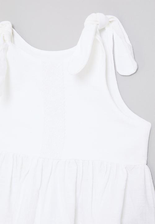 Pop Candy - Shoulder tie dress with lace trim hem - white