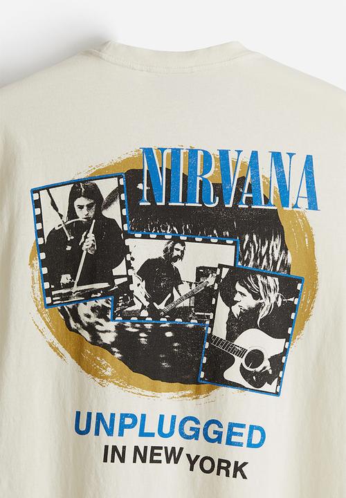 H&M - Loose fit vintage-look printed t-shirt - light beige nirvana