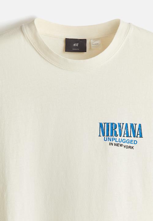 H&M - Loose fit vintage-look printed t-shirt - light beige nirvana
