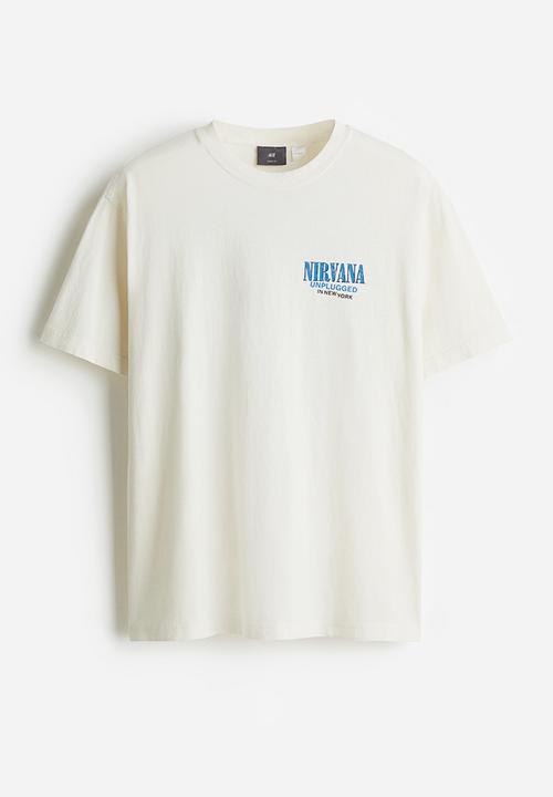 H&M - Loose fit vintage-look printed t-shirt - light beige nirvana