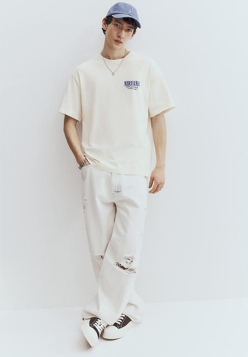 H&M - Loose fit vintage-look printed t-shirt - light beige nirvana