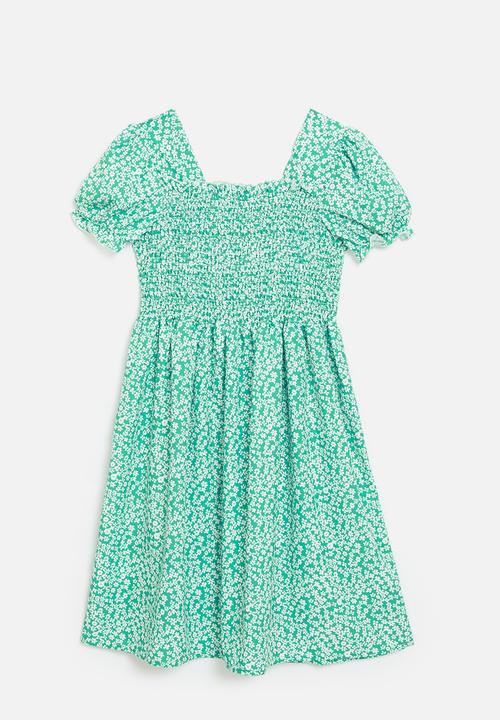 Pop Candy - Ditsy floral shirred bodice dress with crossbody bag - green