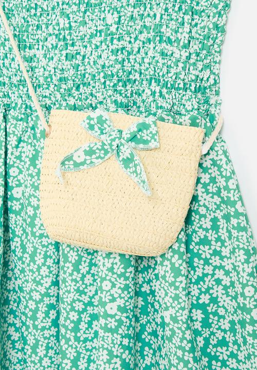Pop Candy - Ditsy floral shirred bodice dress with crossbody bag - green