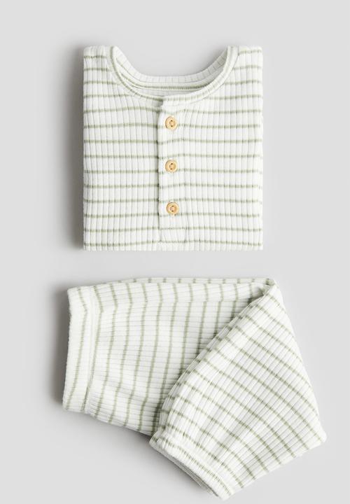 H&M - 2 piece cotton jersey set - white & light green striped 
