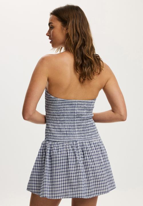 Cotton On - Shirred tube mini dress - harri micro check indigo