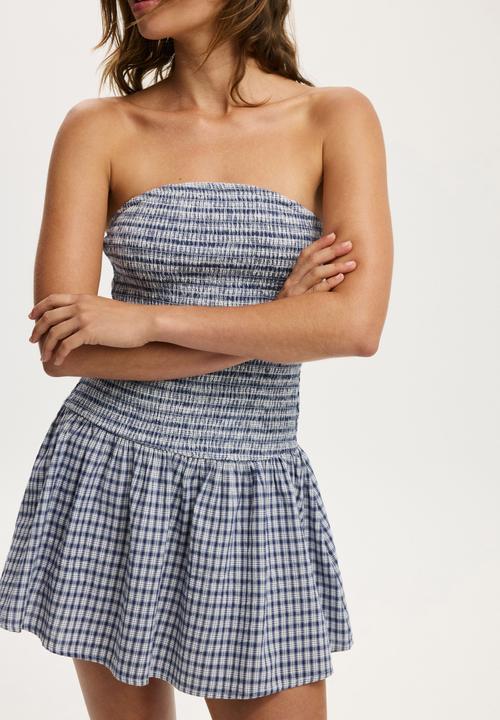 Cotton On - Shirred tube mini dress - harri micro check indigo