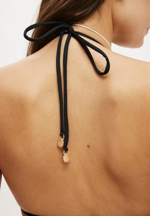 Cotton On - Embroidered Micro String Triangle Bikini Top - espresso/hibiscus