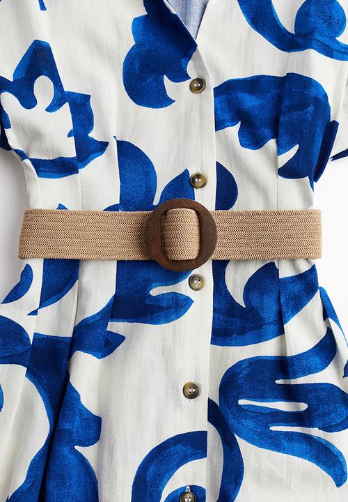 H&M - Belted shirt dress - white & blue patterned