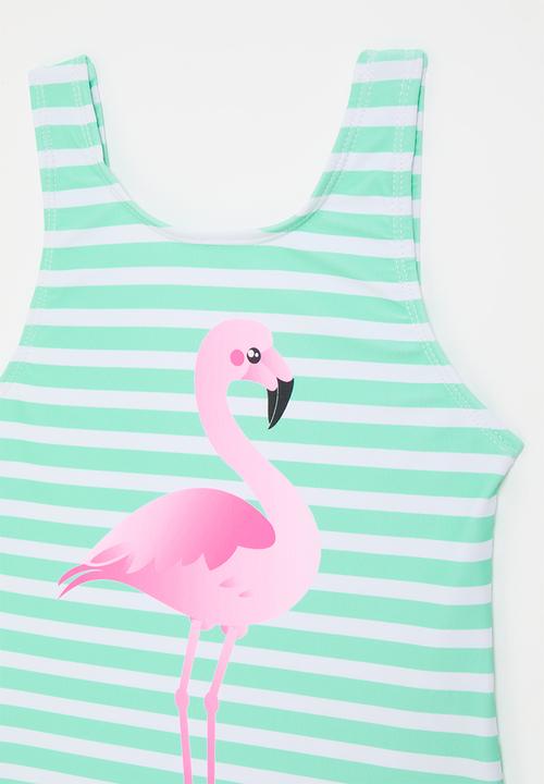 Pop Candy - Flamingo placement print bathing suit - aquamarine stripes
