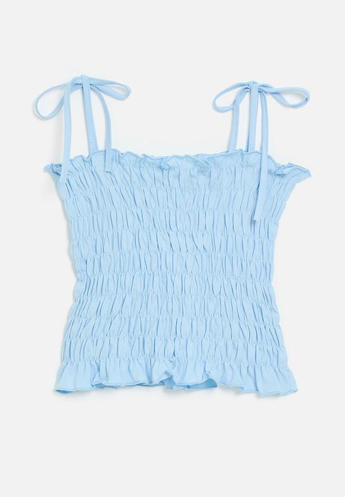 Pop Candy - Shirred top with shoulder ties - blue