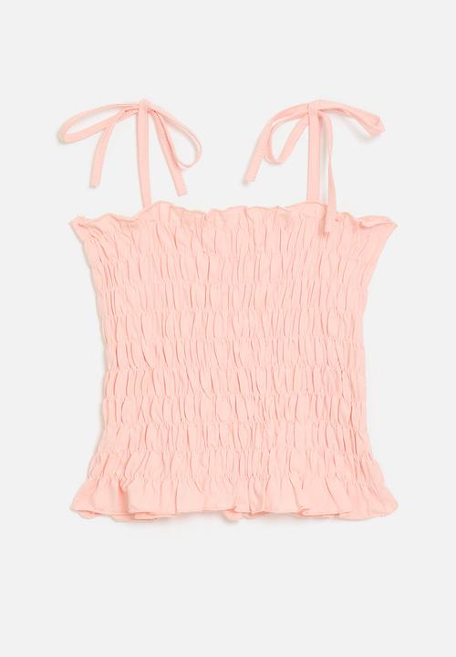 Pop Candy - Shirred top with shoulder ties - pink