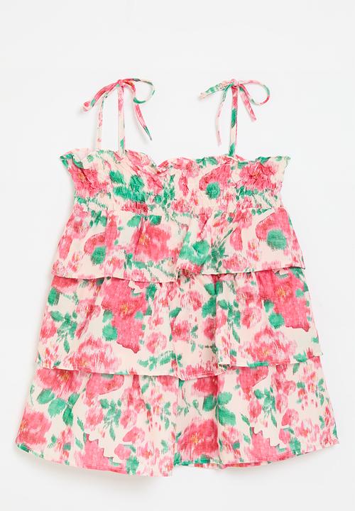 Pop Candy - Tiered dress with spaghetti straps - pink & green floral