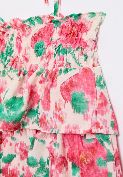Pop Candy - Tiered dress with spaghetti straps - pink & green floral