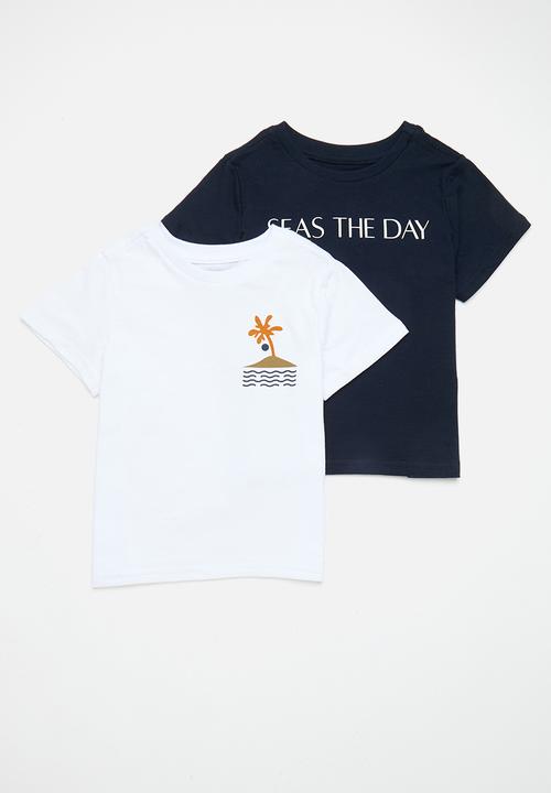 Pop Candy - 2 pack graphic & slogan tee - white/navy
