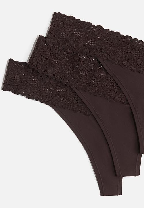 H&M - 3 pack microfibre and lace thong briefs - dark brown
