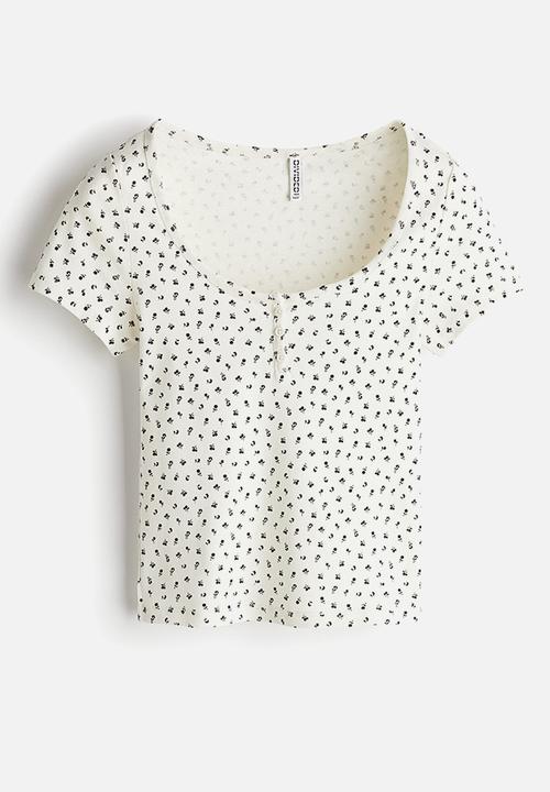 H&M - Button-top scoop-neck T-shirt - cream/floral
