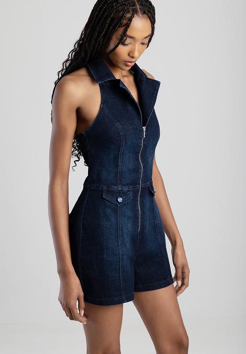 SISSY BOY - Collared, Open Back Playsuit With Front Zip - Dark Vintage