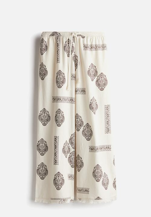 H&M - Linen-blend drawstring trousers -  light beige/paisley-patterned 
