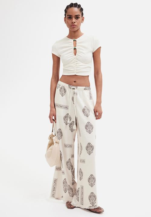 H&M - Linen-blend drawstring trousers -  light beige/paisley-patterned 
