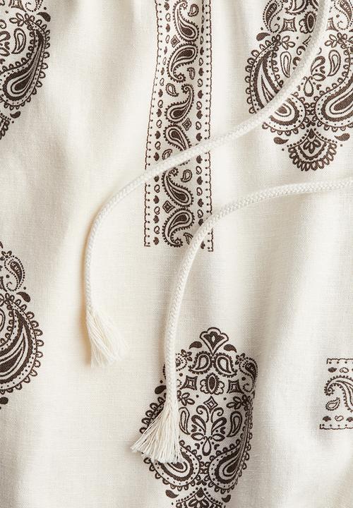 H&M - Linen-blend drawstring trousers -  light beige/paisley-patterned 