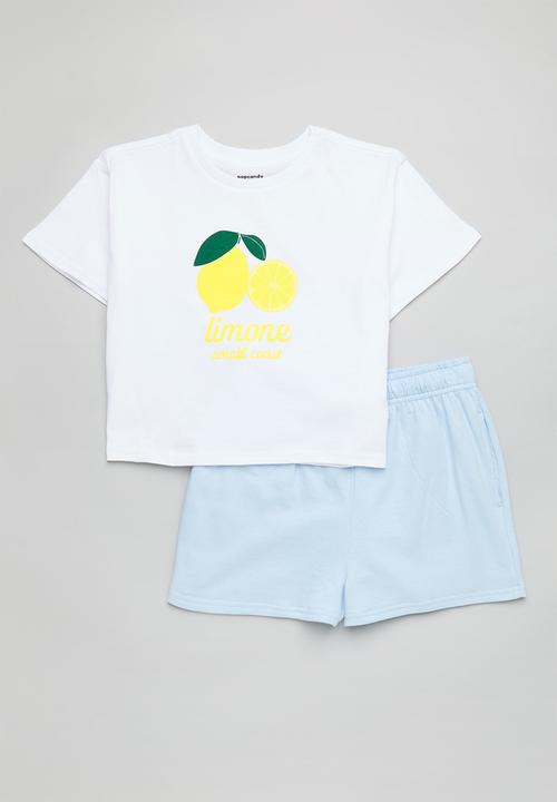 Pop Candy - Limone amalfi coast placement print tee & shorts - white/blue