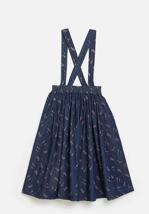 Pop Candy - Purple floral pinafore dress - navy denim