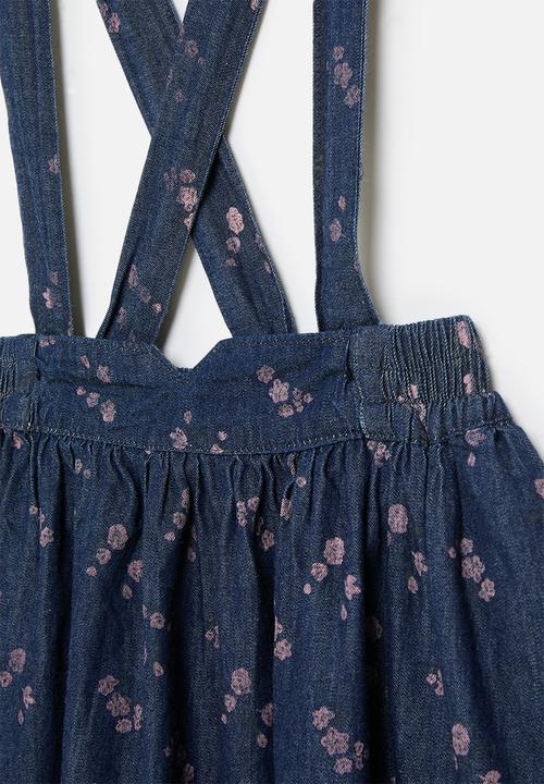 Pop Candy - Purple floral pinafore dress - navy denim
