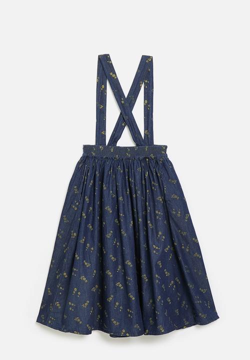 Pop Candy - Yellow floral pinafore dress - navy denim