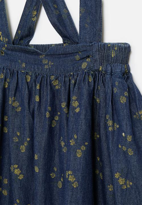 Pop Candy - Yellow floral pinafore dress - navy denim