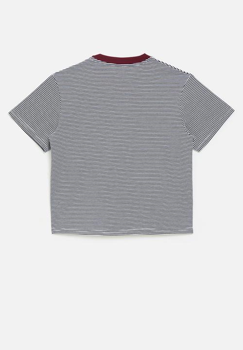 Pop Candy - Pin-stripe tee with contrast pocket - maroon/stripes