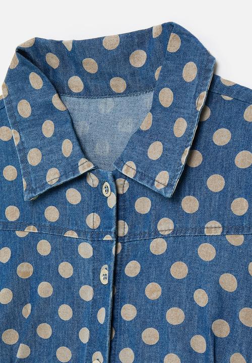 Pop Candy - Beige polka dot denim shirt dress - blue