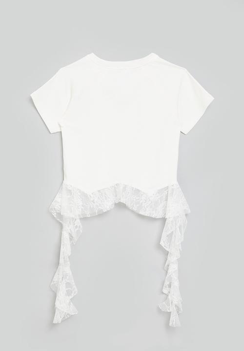 Pop Candy - Cascade lace frill tee with mini bow graphic -white