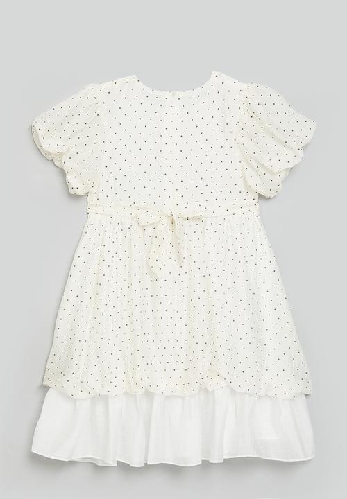 Pop Candy - Bubble sleeve dress with gathered frill hem- cream/polka dots