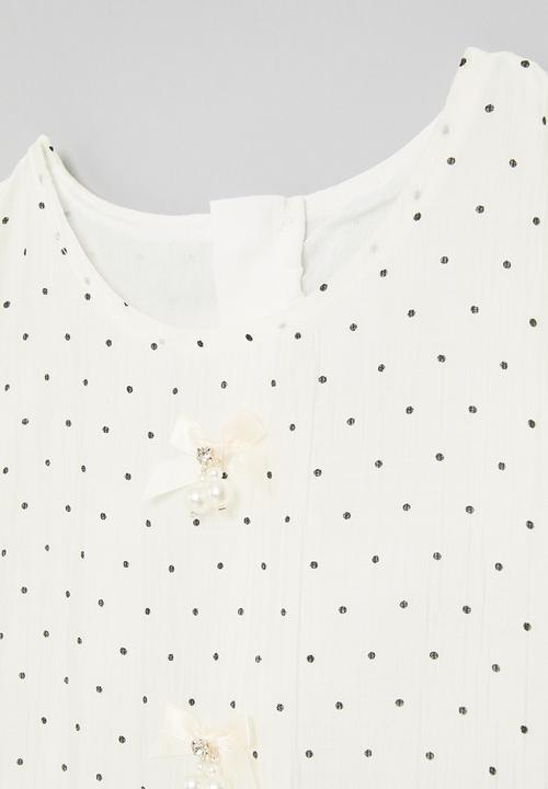 Pop Candy - Bubble sleeve dress with gathered frill hem- cream/polka dots