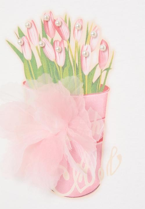 Pop Candy - Graphic tee with pearl beaded tulips - white