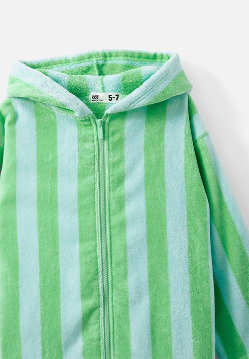 Cotton On - Kids zip thru hooded towel - blue aura/tennis green bold stripe