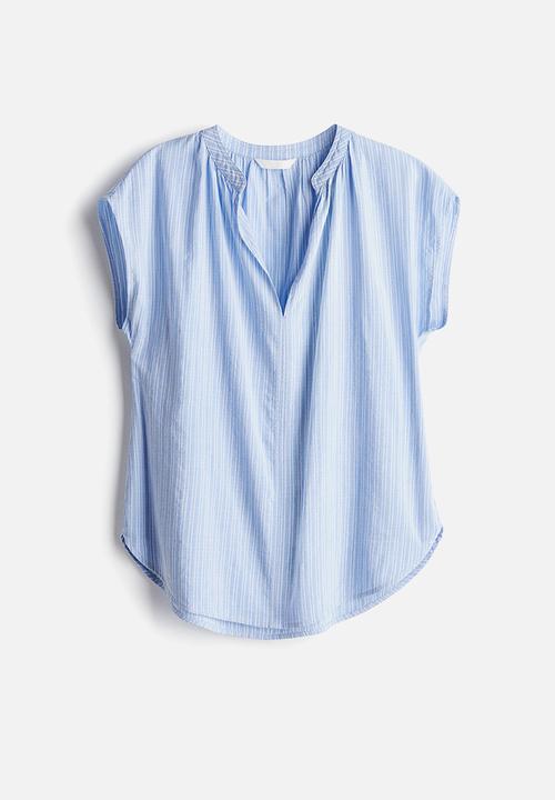 H&M - Band-collar blouse - blue & white striped