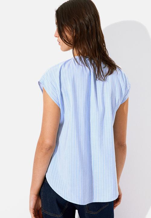 H&M - Band-collar blouse - blue & white striped
