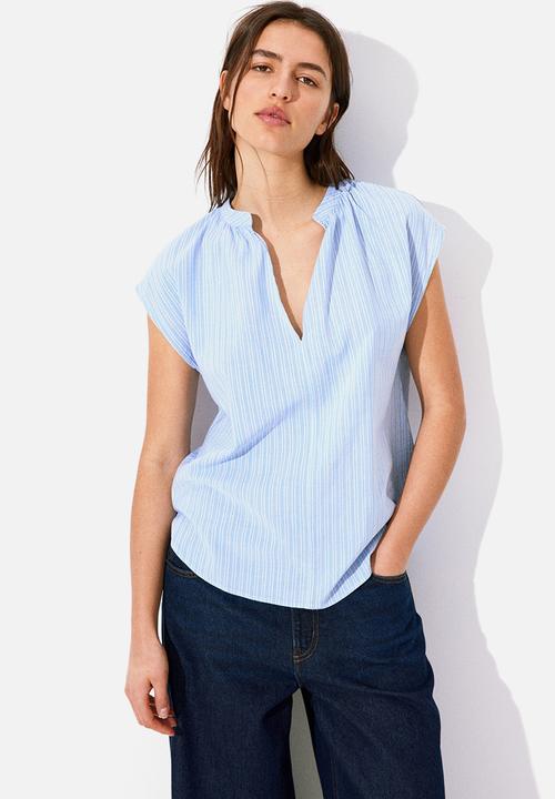 H&M - Band-collar blouse - blue & white striped
