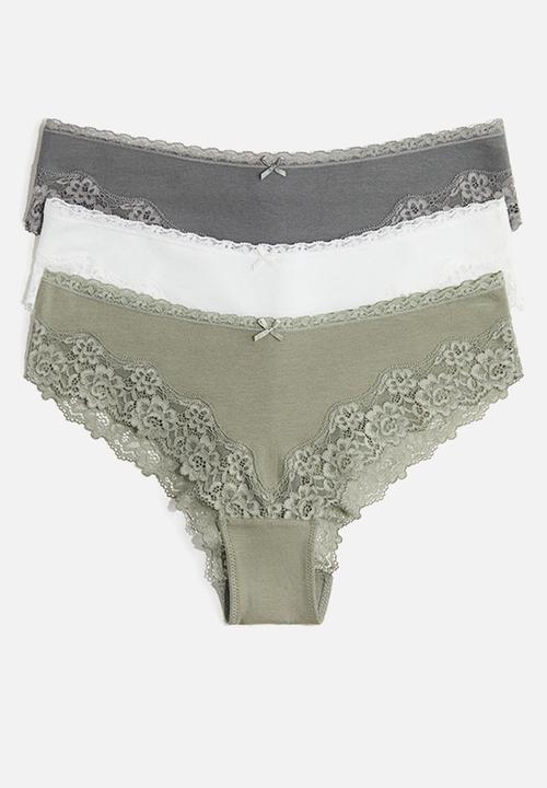 H&M - 3-Pack cotton and lace hipster briefs - khaki green/grey-green