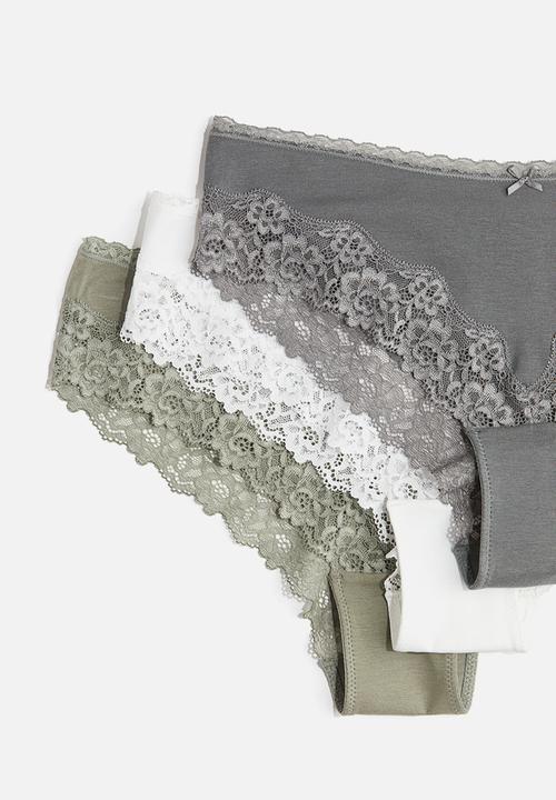 H&M - 3-Pack cotton and lace hipster briefs - khaki green/grey-green