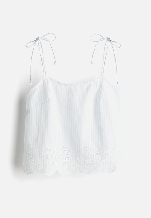 H&M - Embroidered tie-strap top - white striped