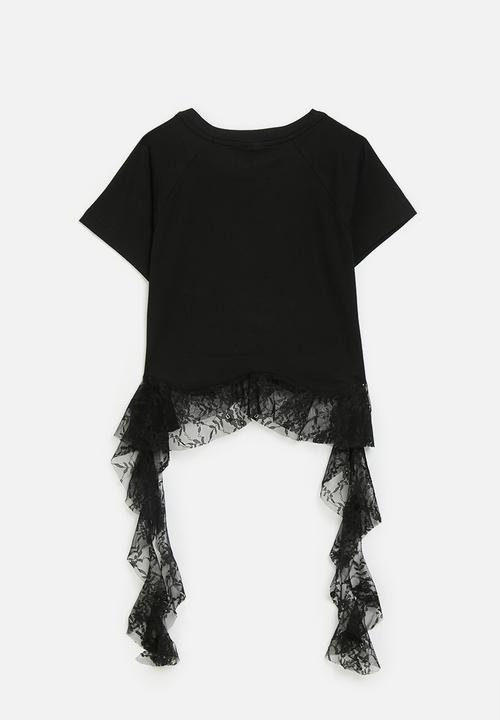 Pop Candy - Cascade lace frill tee with mini bow graphic - black