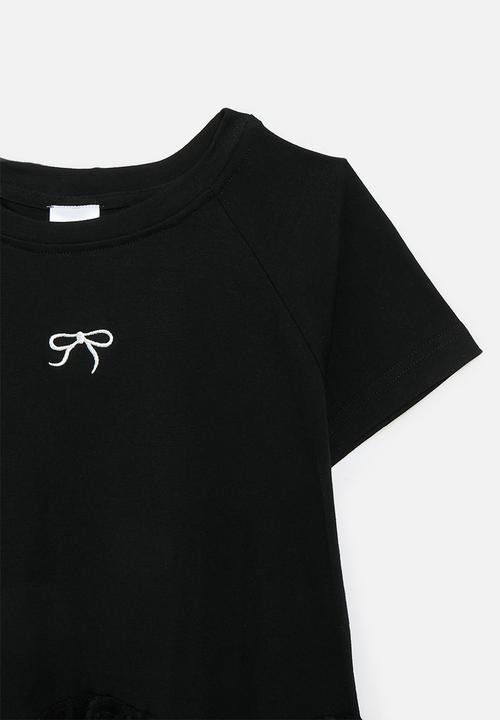 Pop Candy - Cascade lace frill tee with mini bow graphic - black