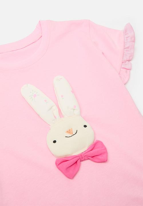 Pop Candy - Top with padded bunny applique & striped shorts - pink
