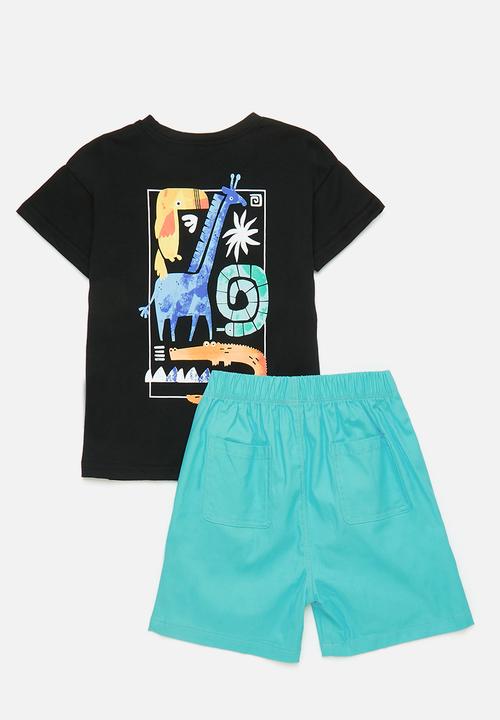 Pop Candy - Graphic print tee & shorts set - black/animals/aqua