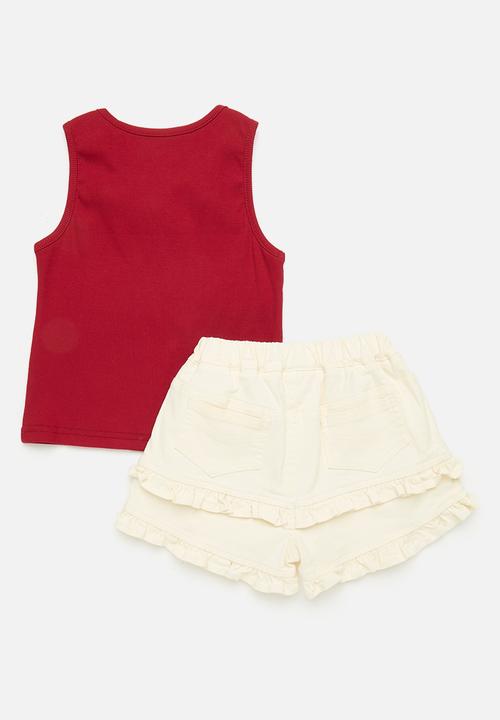 Pop Candy - Rose embellished neck top with frilled tier shorts - rich red/white